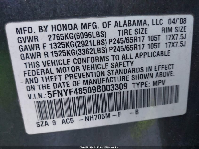 2009 Honda Pilot Ex-L VIN: 5FNYF48509B003309 Lot: 43839842