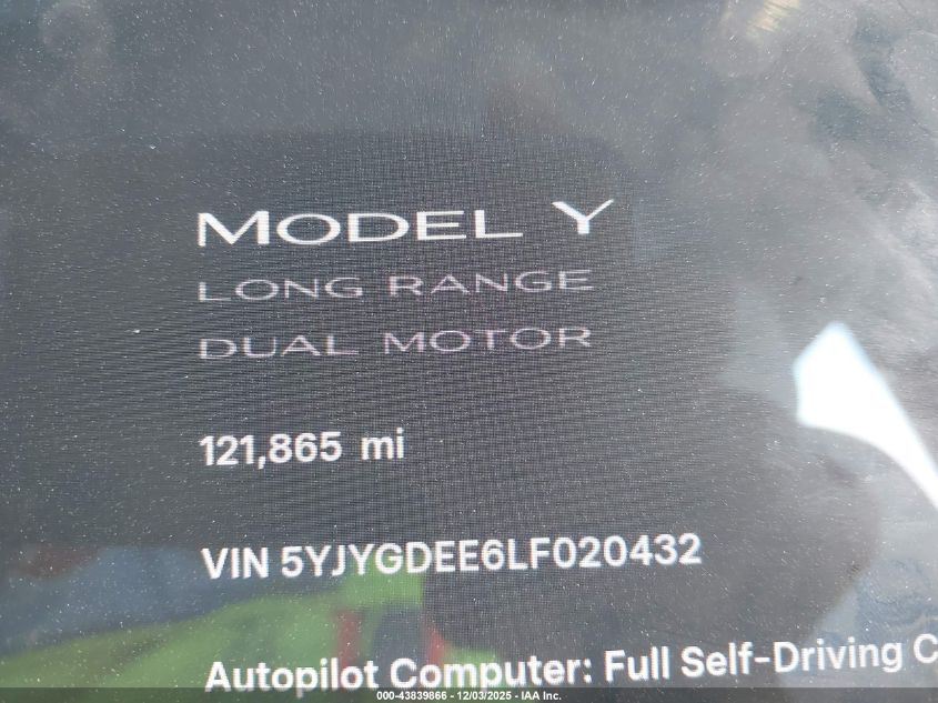 2020 Tesla Model Y Long Range Dual Motor All-Wheel Drive VIN: 5YJYGDEE6LF020432 Lot: 43839866