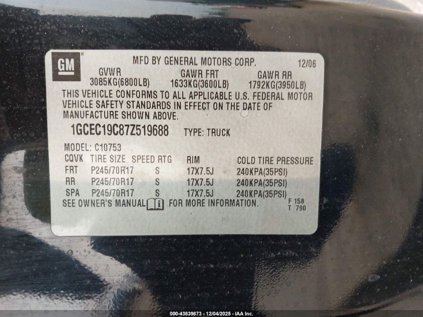 2007 Chevrolet Silverado 1500 Work Truck VIN: 1GCEC19C87Z519688 Lot: 43839873