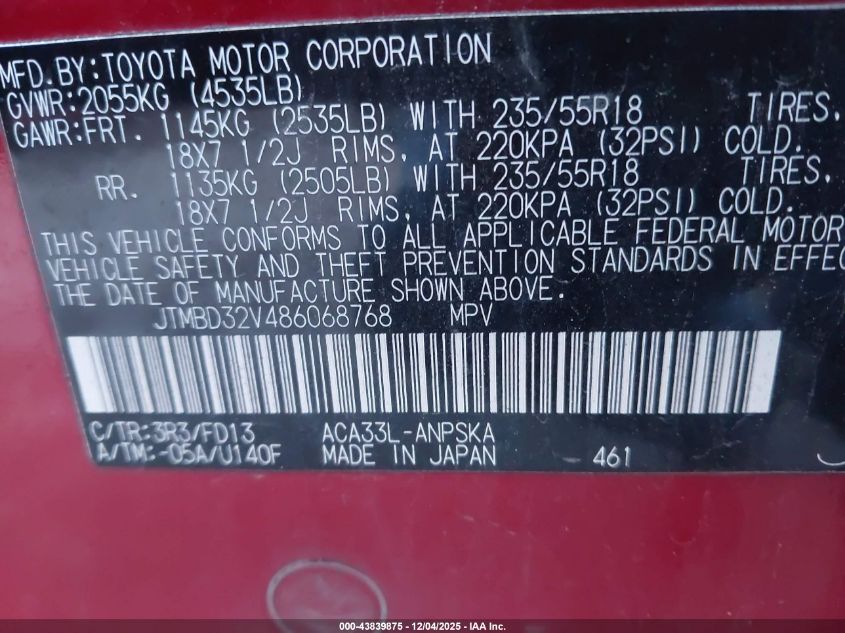 2008 Toyota Rav4 Sport VIN: JTMBD32V486068768 Lot: 43839875