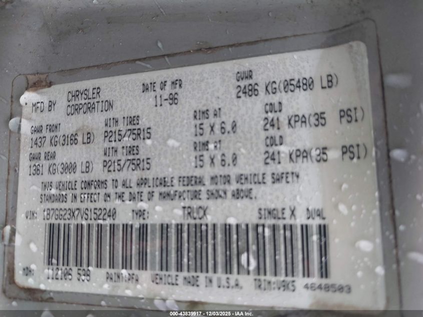1997 Dodge Dakota Slt/Sport VIN: 1B7GG23X7VS152240 Lot: 43839917