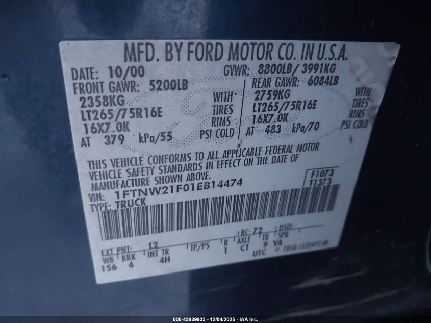 2001 Ford F-250 Lariat/Xl/Xlt VIN: 1FTNW21F01EB14474 Lot: 43839933