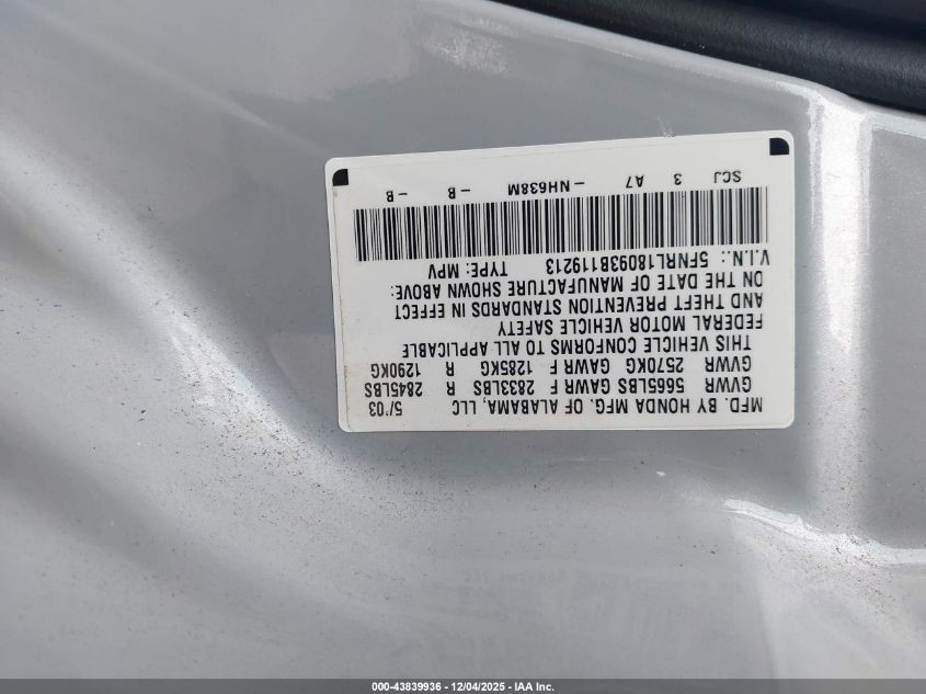 2003 Honda Odyssey Ex-L VIN: 5FNRL18093B119213 Lot: 43839936