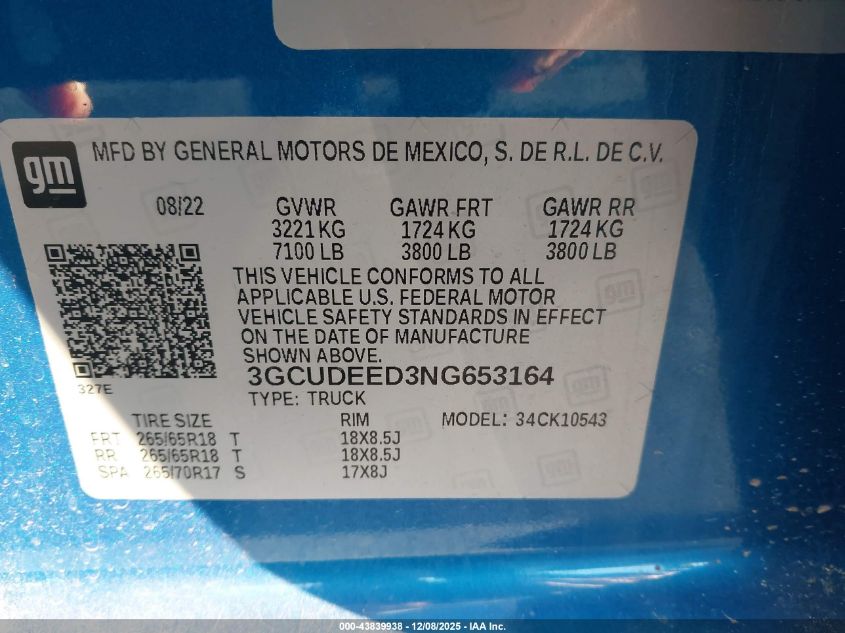 2022 Chevrolet Silverado 1500 4Wd Short Bed Rst VIN: 3GCUDEED3NG653164 Lot: 43839938
