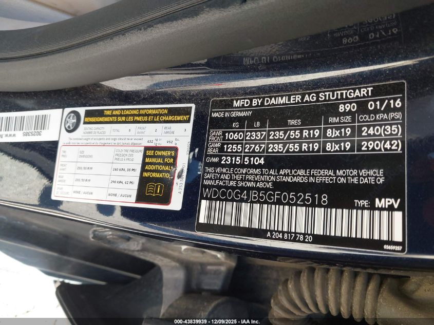 2016 Mercedes-Benz Glc 300 VIN: WDC0G4JB5GF052518 Lot: 43839939