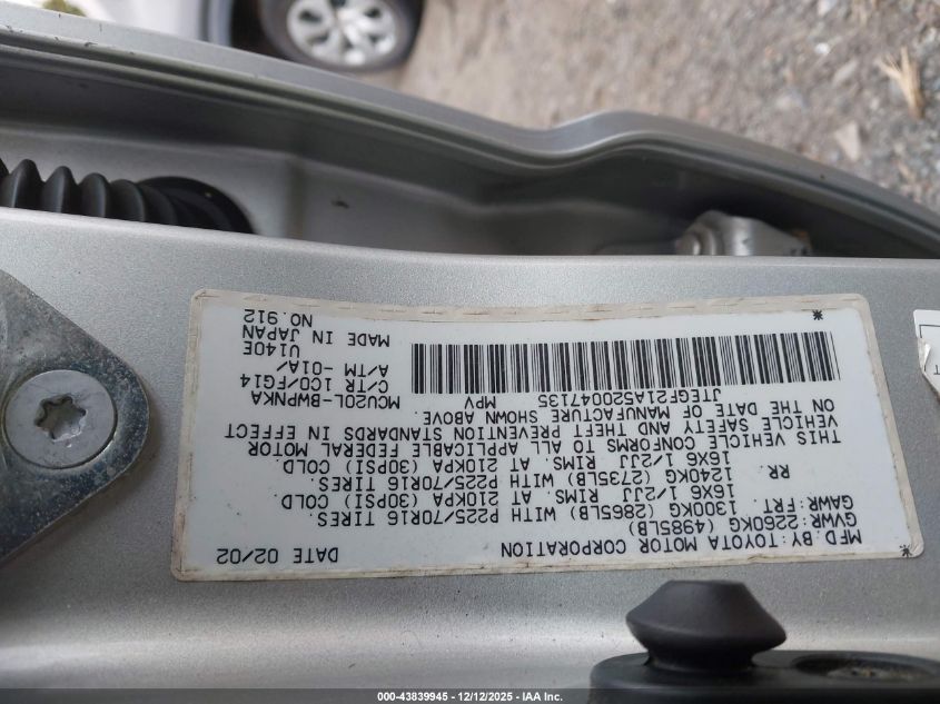 2002 Toyota Highlander V6 VIN: JTEGF21A520047135 Lot: 43839945