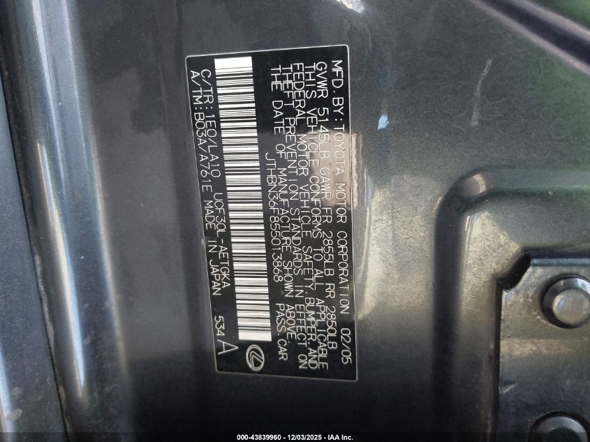 2005 Lexus Ls 430 VIN: JTHBN36F855013868 Lot: 43839960