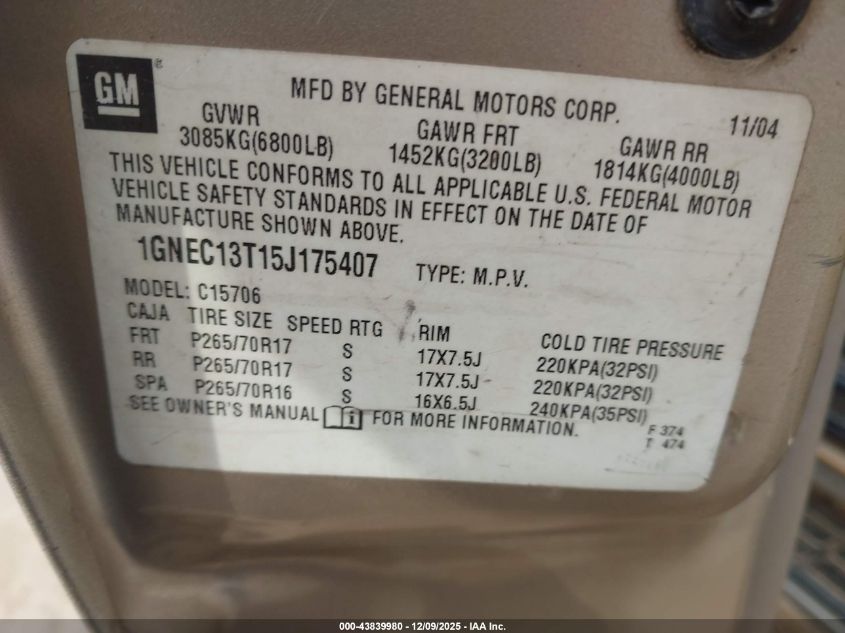 2005 Chevrolet Tahoe Lt VIN: 1GNEC13T15J175407 Lot: 43839980