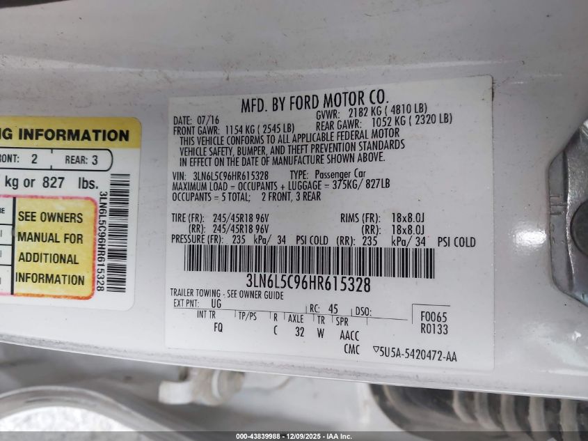 2017 Lincoln Mkz Select VIN: 3LN6L5C96HR615328 Lot: 43839988