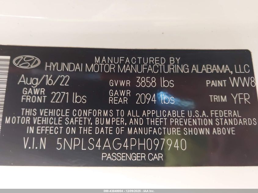 2023 Hyundai Elantra Sel VIN: 5NPLS4AG4PH097940 Lot: 43840004