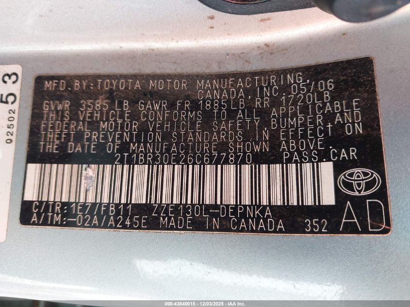 2006 Toyota Corolla Le VIN: 2T1BR30E26C677870 Lot: 43840015