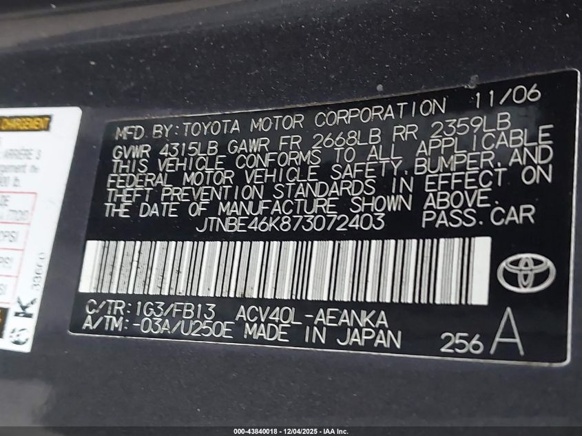 2007 Toyota Camry Le VIN: JTNBE46K873072403 Lot: 43840018