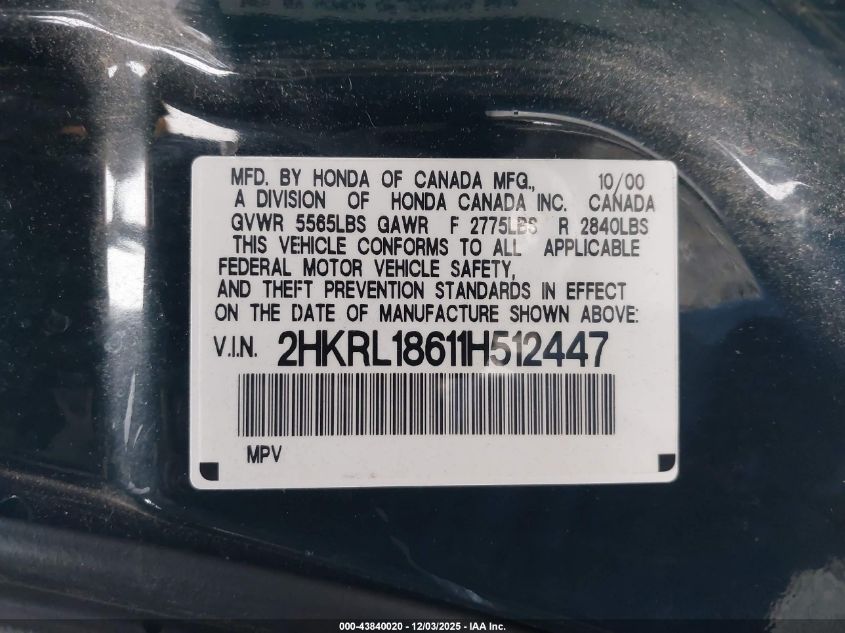 2001 Honda Odyssey Ex VIN: 2HKRL18611H512447 Lot: 43840020