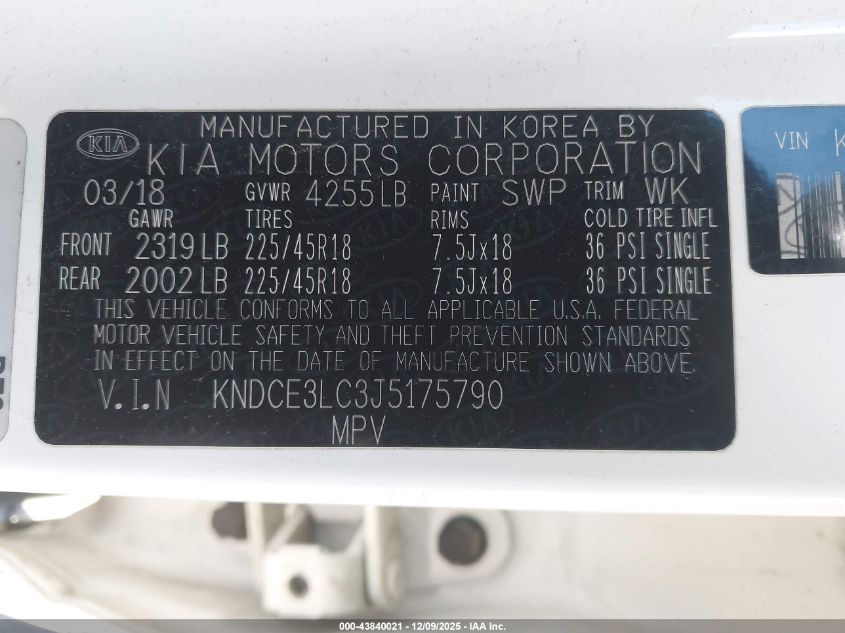 2018 Kia Niro Touring VIN: KNDCE3LC3J5175790 Lot: 43840021