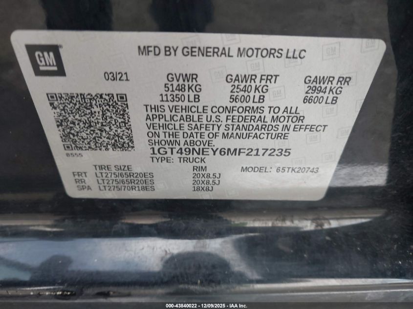 2021 GMC Sierra 2500Hd 4Wd Standard Bed Slt VIN: 1GT49NEY6MF217235 Lot: 43840022