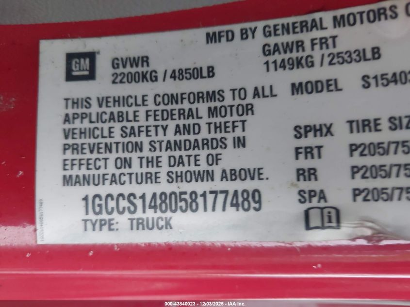 2005 Chevrolet Colorado VIN: 1GCCS148058177489 Lot: 43840023