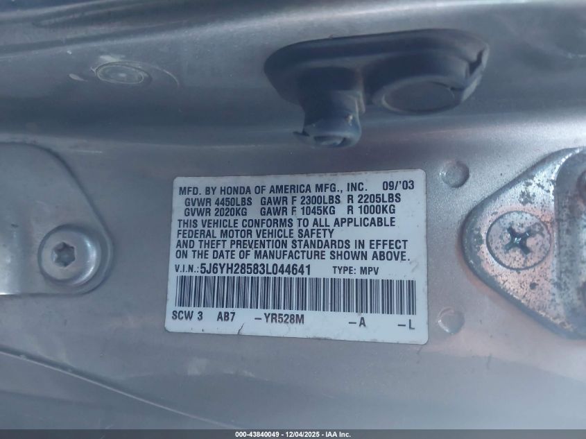 2003 Honda Element Ex VIN: 5J6YH28583L044641 Lot: 43840049