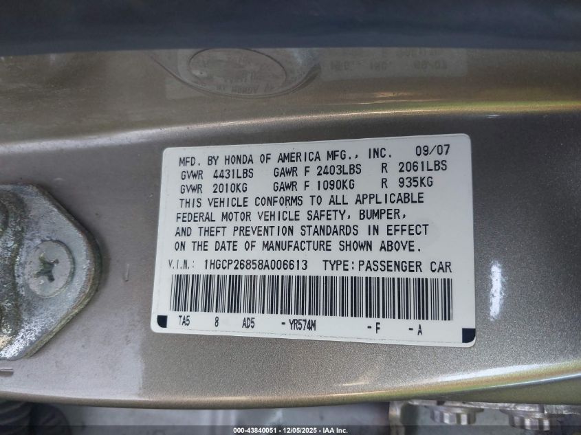 2008 Honda Accord 2.4 Ex-L VIN: 1HGCP26858A006613 Lot: 43840051