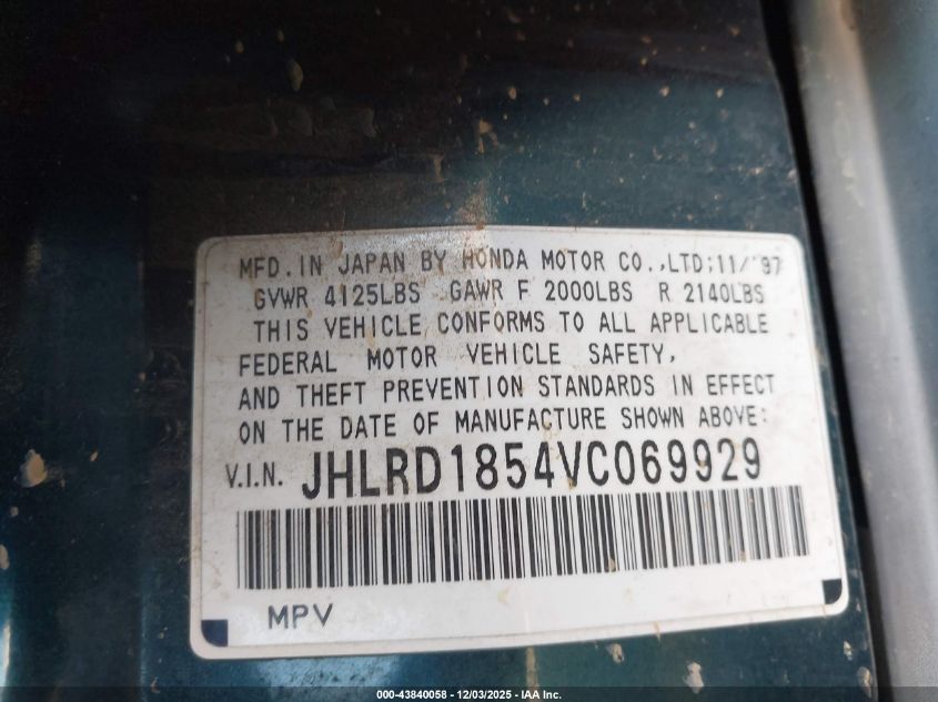 1997 Honda Cr-V VIN: JHLRD1854VC069929 Lot: 43840058