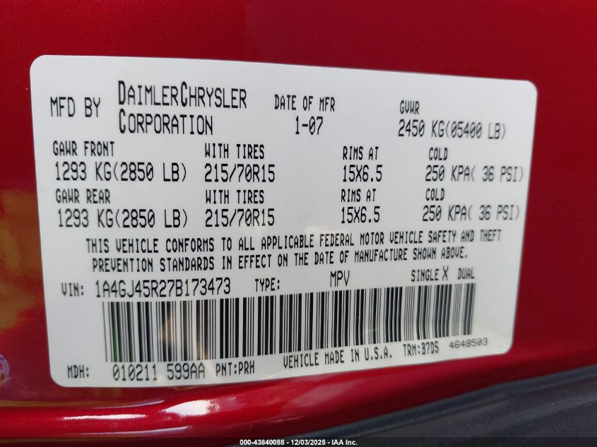 2007 Chrysler Town & Country VIN: 1A4GJ45R27B173473 Lot: 43840088