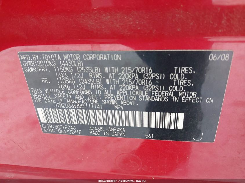 2008 Toyota Rav4 VIN: JTMZD33V885111141 Lot: 43840097