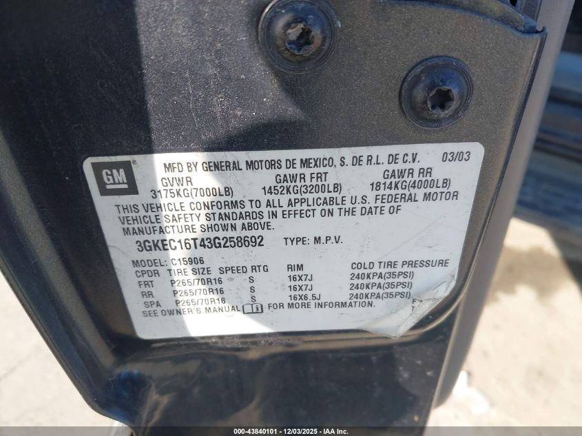 2003 GMC Yukon Xl 1500 Slt VIN: 3GKEC16T43G258692 Lot: 43840101