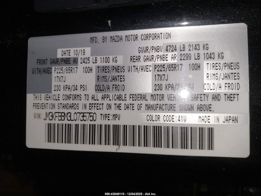 2020 Mazda Cx-5 Sport VIN: JM3KFBBM3L0735750 Lot: 43840110