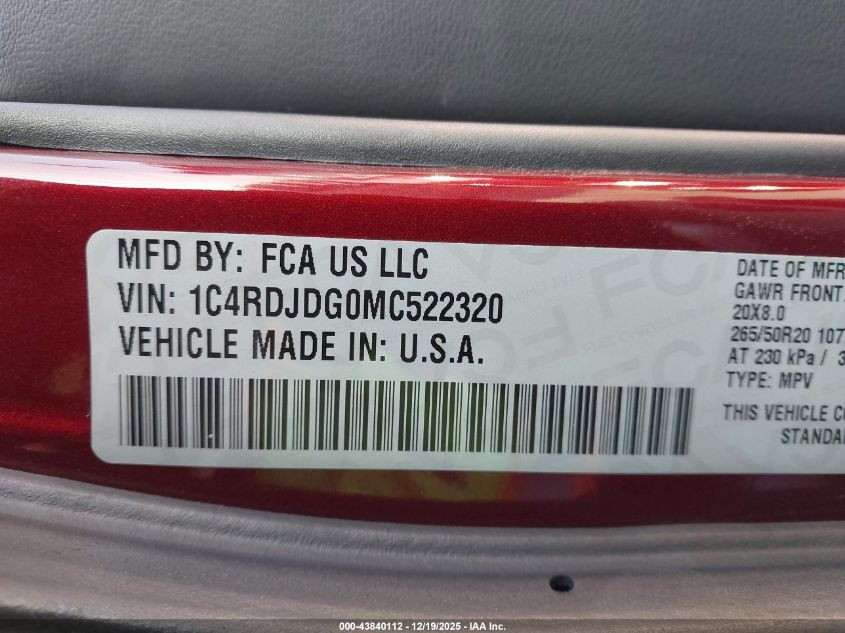 2021 Dodge Durango Gt Plus Awd VIN: 1C4RDJDG0MC522320 Lot: 43840112