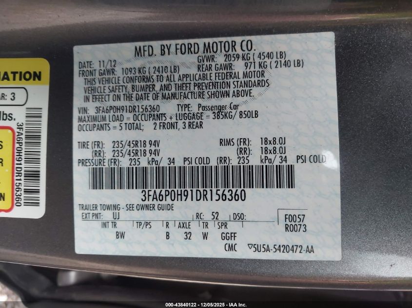 2013 Ford Fusion Se VIN: 3FA6P0H91DR156360 Lot: 43840122