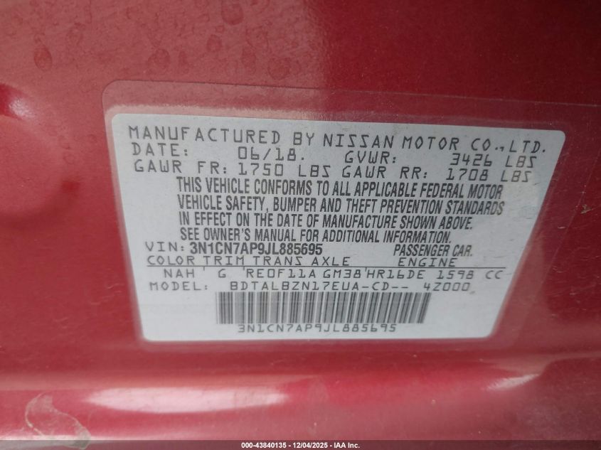 2018 Nissan Versa 1.6 Sv VIN: 3N1CN7AP9JL885695 Lot: 43840135