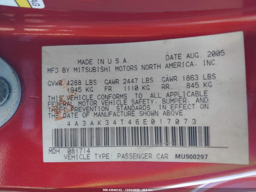 2006 Mitsubishi Eclipse Gt VIN: 4A3AK34T46E017073 Lot: 43840142
