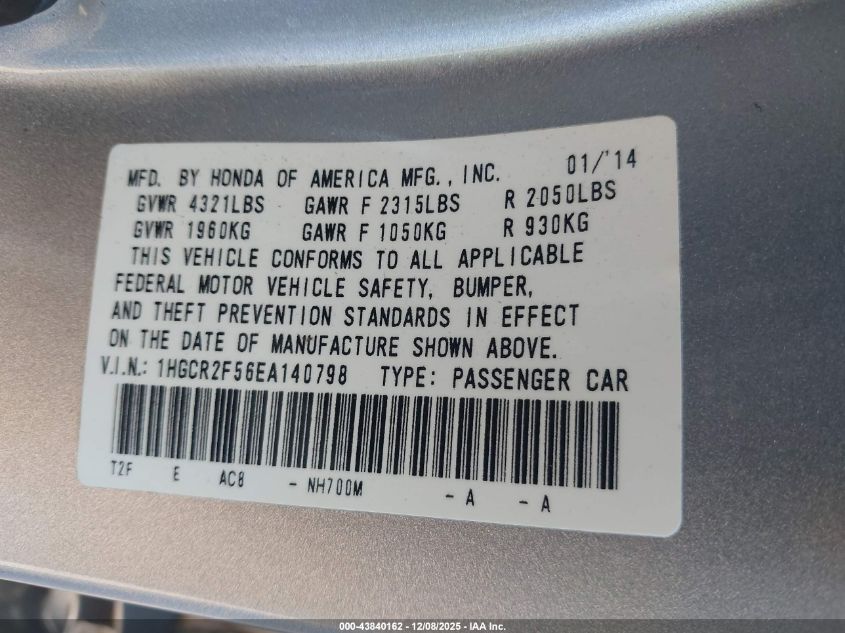 2014 Honda Accord Sport VIN: 1HGCR2F56EA140798 Lot: 43840162