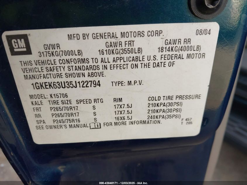 2005 GMC Yukon Denali VIN: 1GKEK63U35J122794 Lot: 43840171