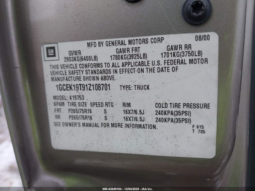 2001 Chevrolet Silverado 1500 Lt VIN: 1GCEK19T91Z108701 Lot: 43840184