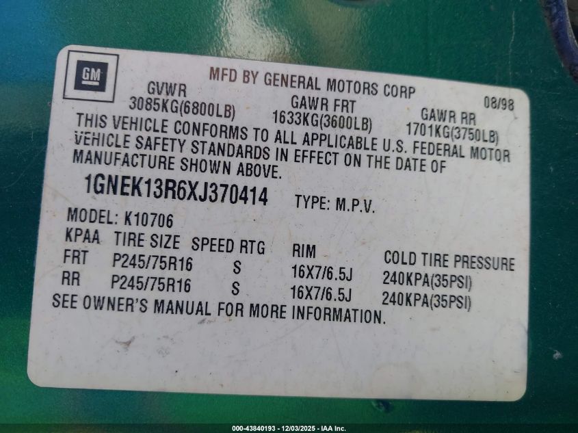 1999 Chevrolet Tahoe Ls VIN: 1GNEK13R6XJ370414 Lot: 43840193