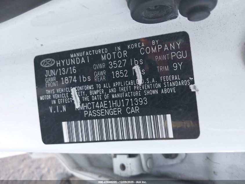 2017 Hyundai Accent Se VIN: KMHCT4AE1HU171393 Lot: 43840205