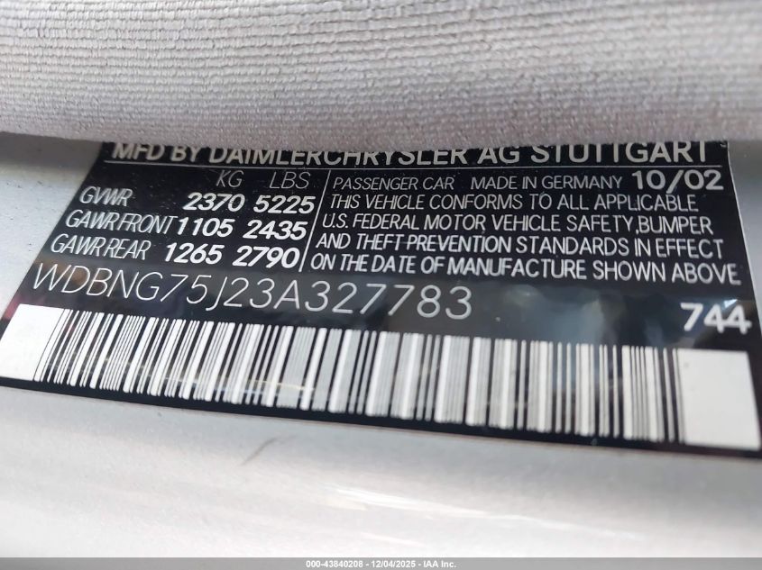 2003 Mercedes-Benz S 500 VIN: WDBNG75J23A327783 Lot: 43840208