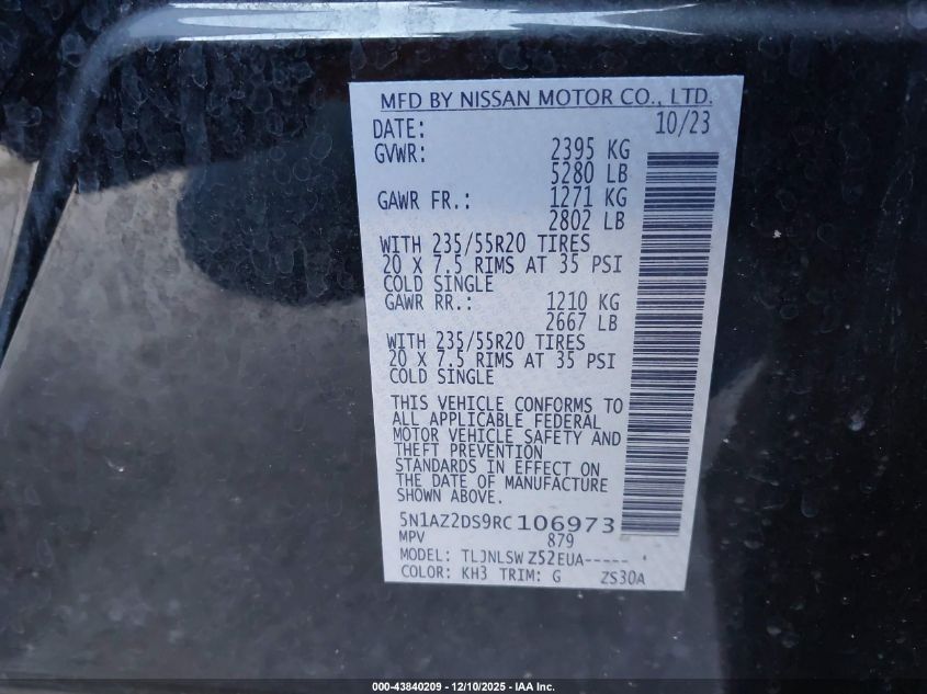 2024 Nissan Murano Platinum Intelligent Awd VIN: 5N1AZ2DS9RC106973 Lot: 43840209