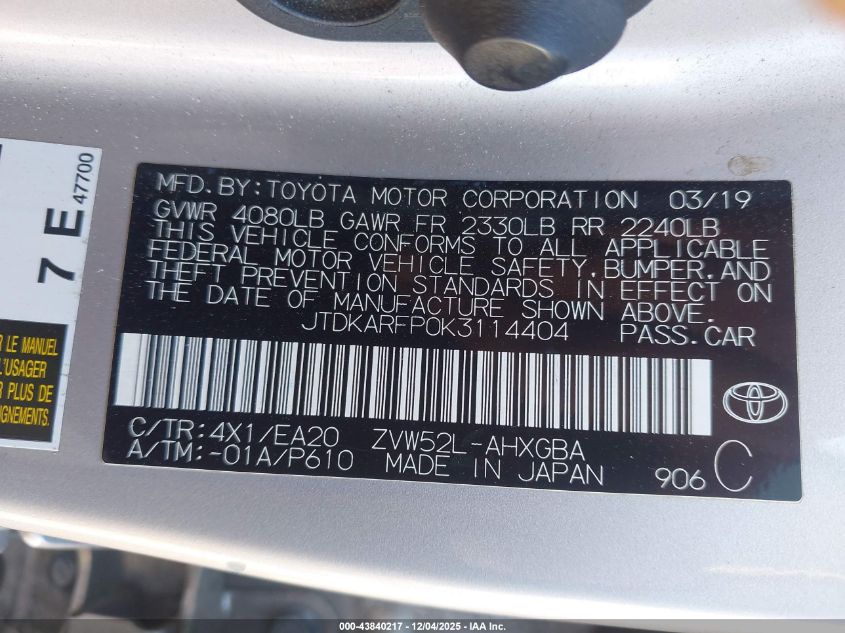 2019 Toyota Prius Prime Advanced VIN: JTDKARFP0K3114404 Lot: 43840217