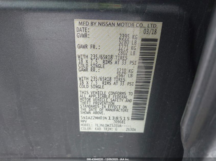 2018 Nissan Murano Sv VIN: 5N1AZ2MH0JN138515 Lot: 43840220