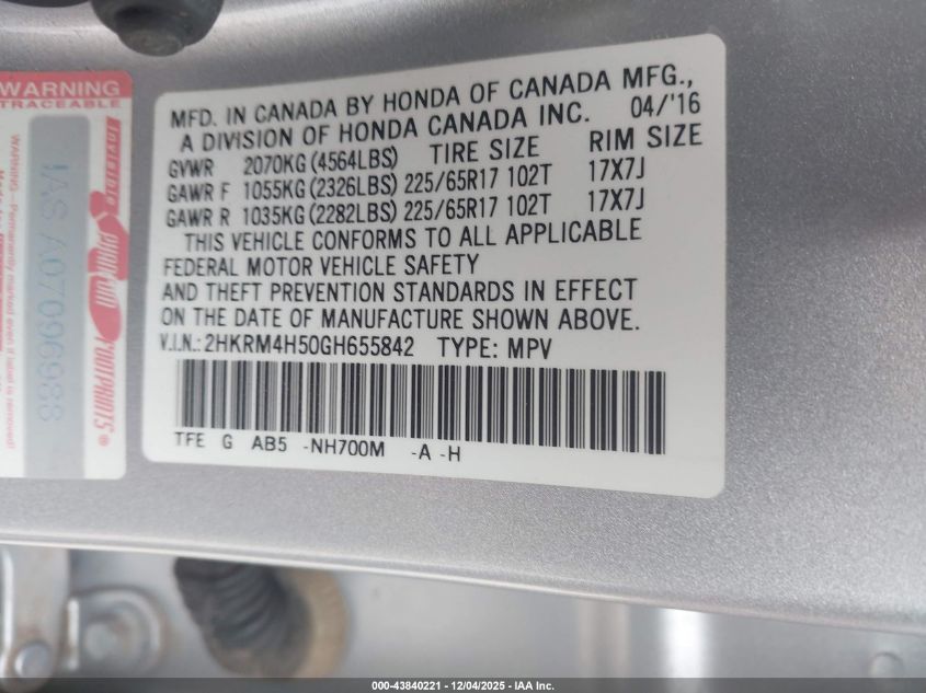 2016 Honda Cr-V Ex VIN: 2HKRM4H50GH655842 Lot: 43840221