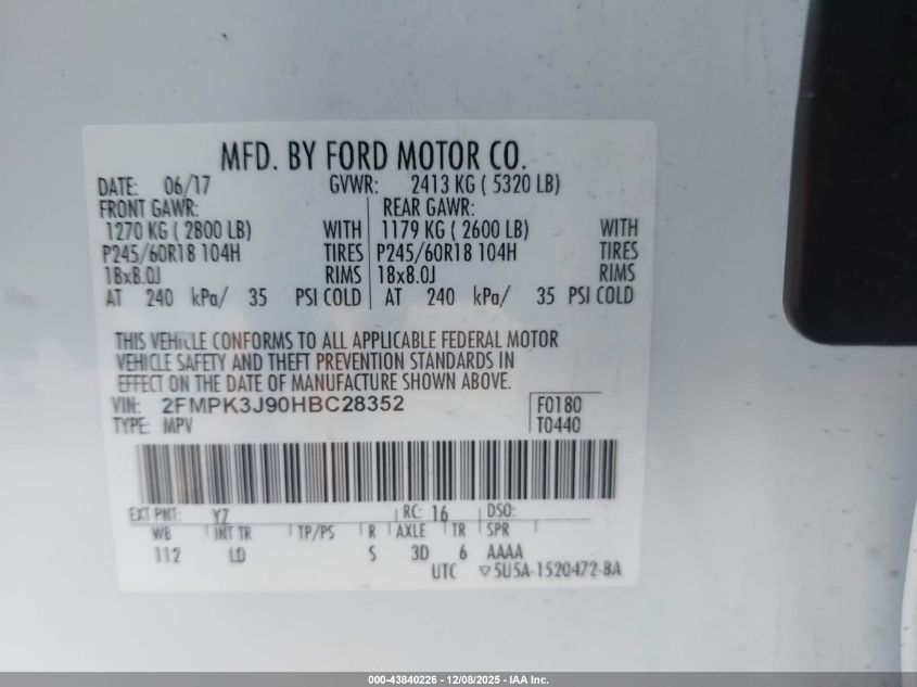 2017 Ford Edge Sel VIN: 2FMPK3J90HBC28352 Lot: 43840226