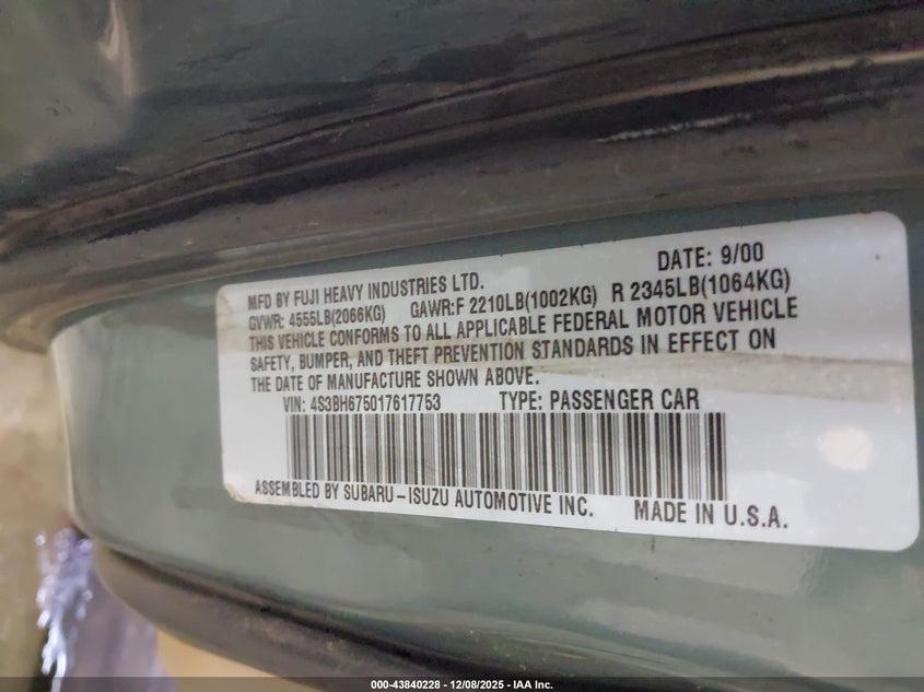4S3BH675017617753 2001 SUBARU OUTBACK photo no. 9