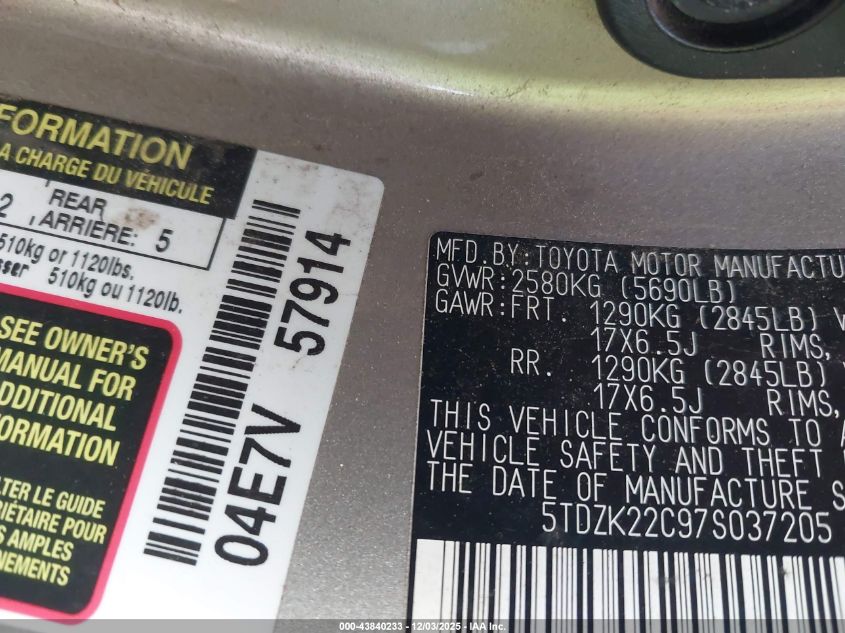 2007 Toyota Sienna Xle Limited VIN: 5TDZK22C97S037205 Lot: 43840233