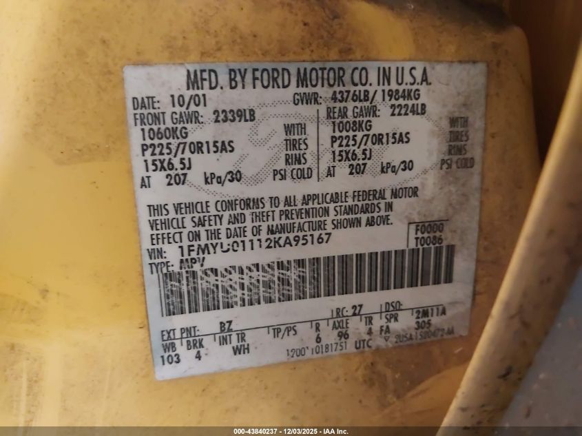 2002 Ford Escape Xls VIN: 1FMYU01112KA95167 Lot: 43840237