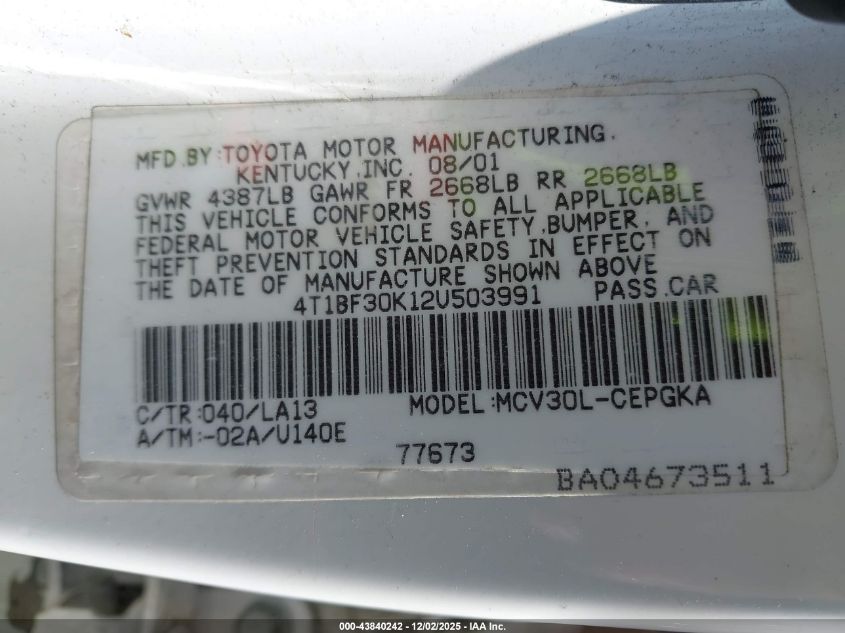 2002 Toyota Camry Xle V6 VIN: 4T1BF30K12U503991 Lot: 43840242