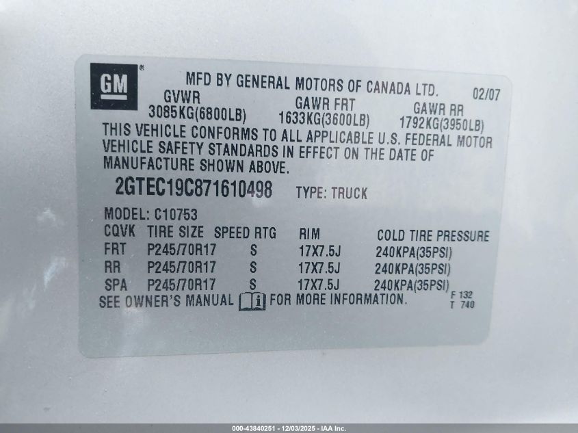 2007 GMC Sierra 1500 Sle1 VIN: 2GTEC19C871610498 Lot: 43840251