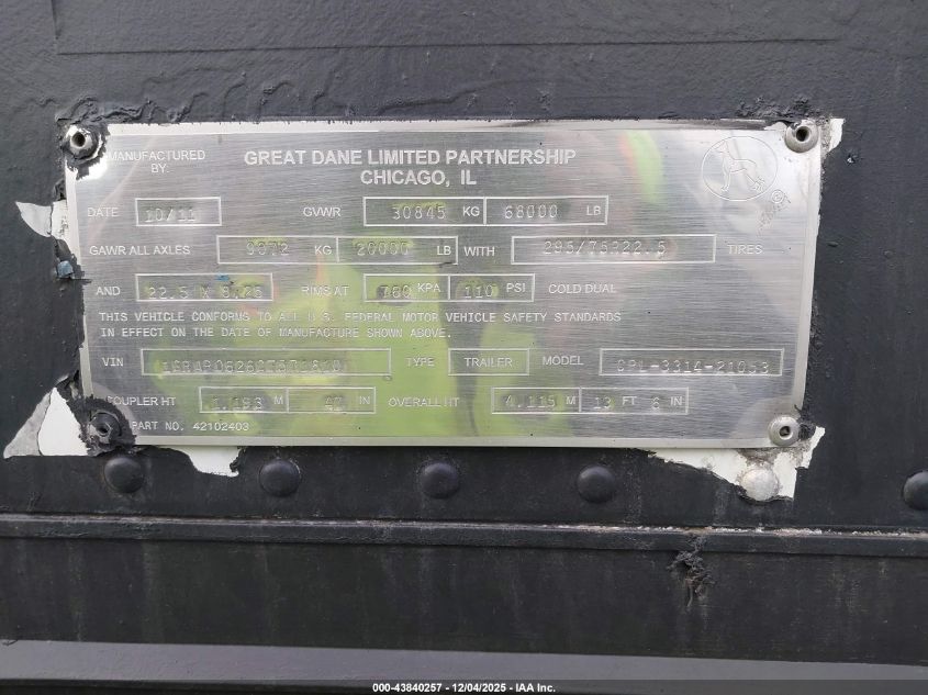 2012 Great Dane Trailers Unknown VIN: 1GRAP0626CT571610 Lot: 43840257