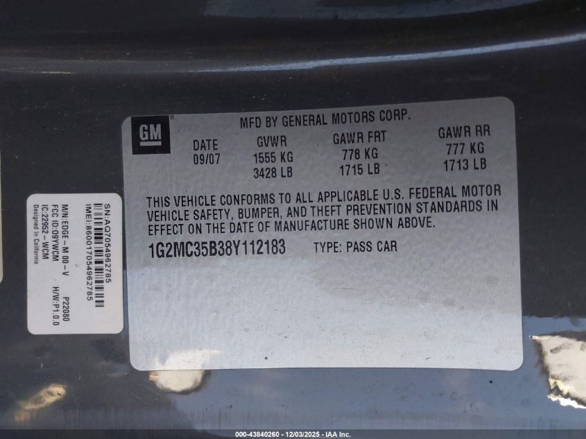 2008 Pontiac Solstice VIN: 1G2MC35B38Y112183 Lot: 43840260