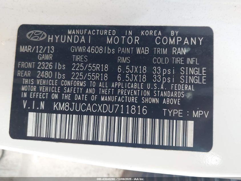 2013 Hyundai Tucson Limited VIN: KM8JUCACXDU711816 Lot: 43840266